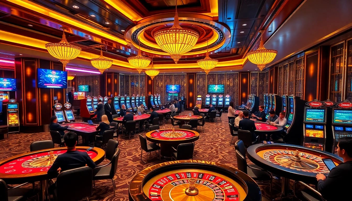 Enjoy an engaging casino experience at F8BET COM with players at vibrant gambling tables.