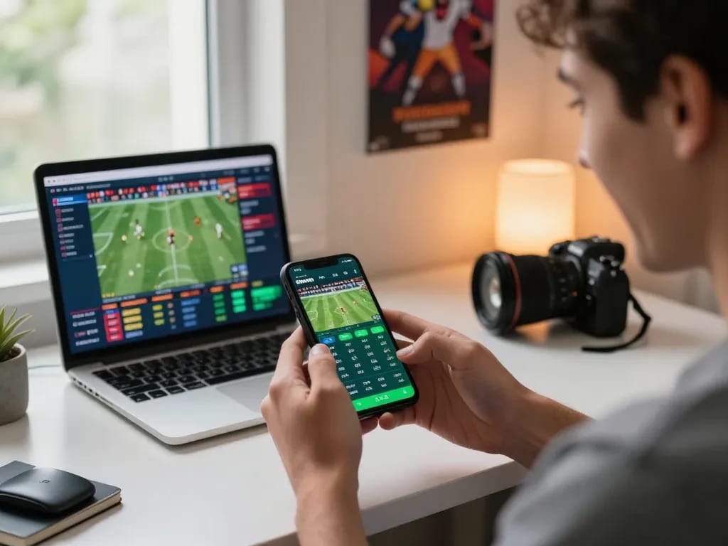 Kuwin user excitedly placing bets on smartphone during live sports events.
