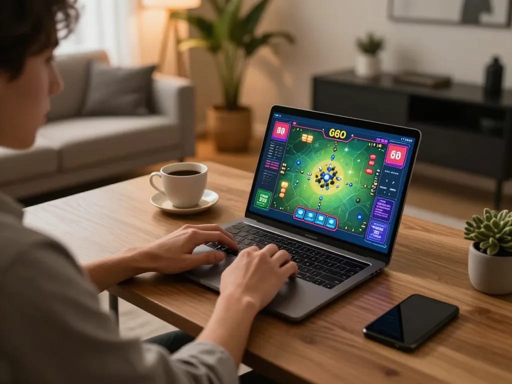 Người chơi tham gia trò chơi Go 88 trực tuyến với laptop, không gian ấm cúng tại nhà tạo ra trải nghiệm đánh bạc dễ chịu.