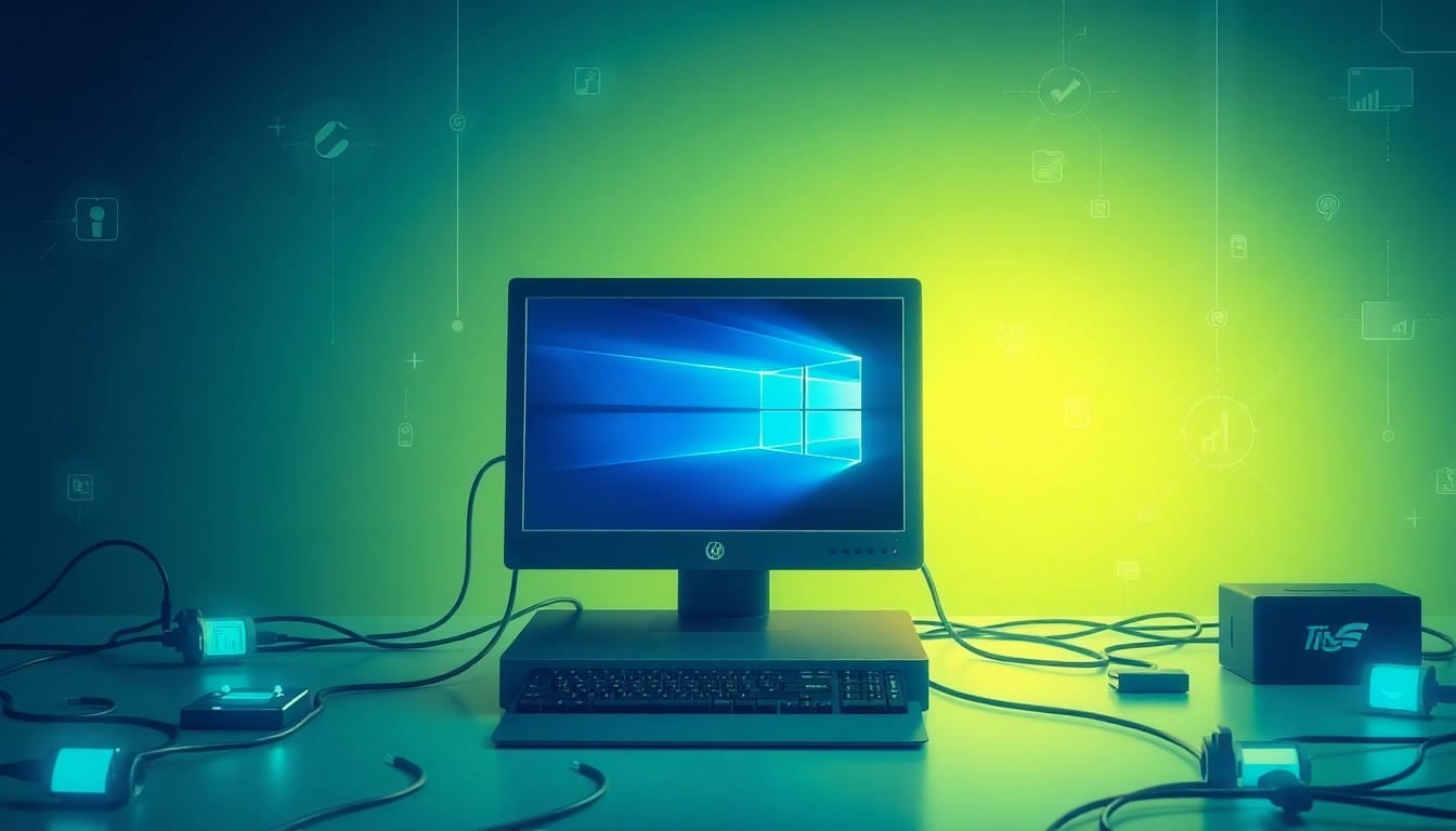 Entdecken Sie, wie Sie Windows 11 für PC herunterladen und aktivieren können, auf einem modernen Computer mit Technologie-Elementen.