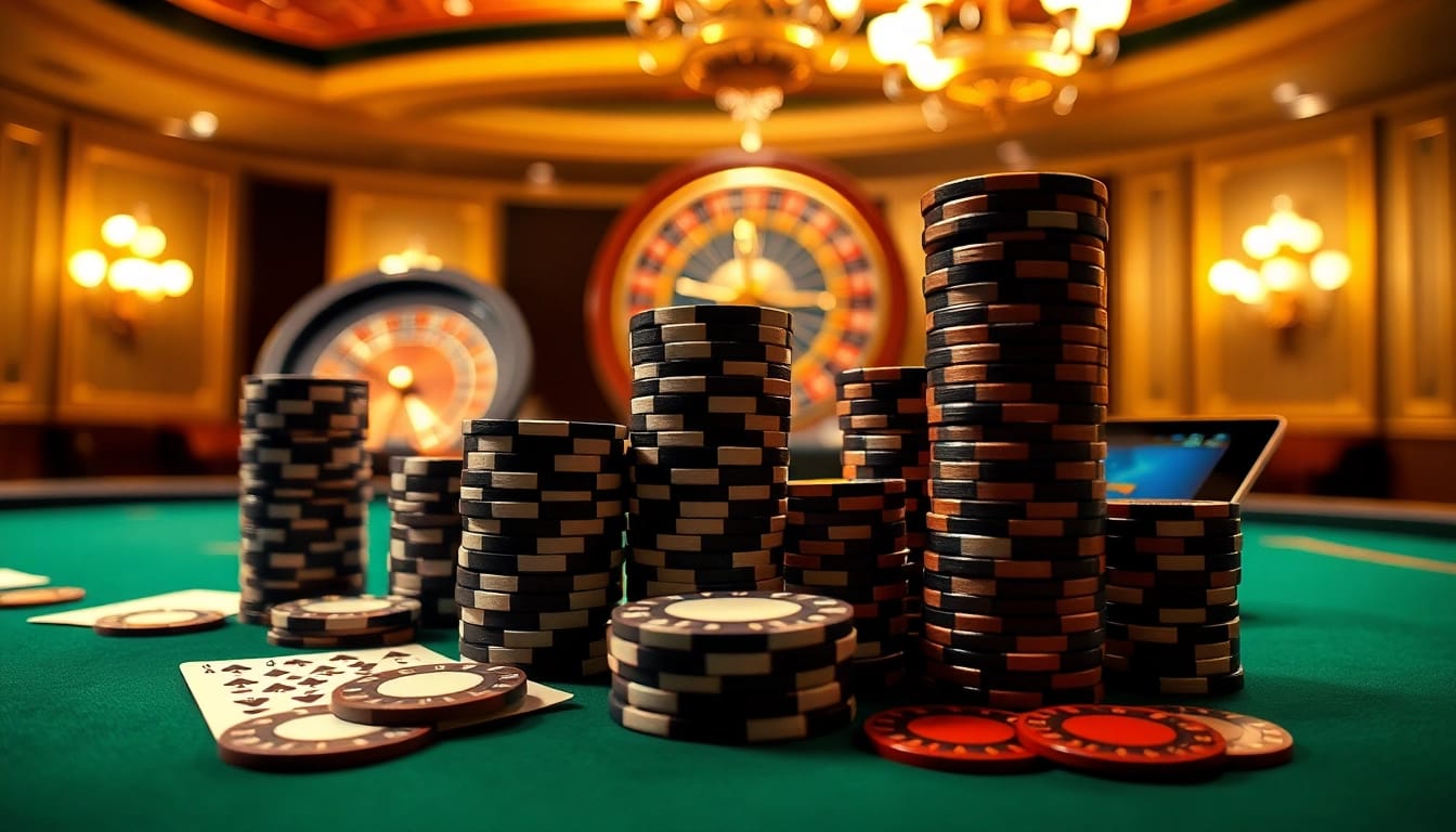 Experience the thrill of qh88 with high-stakes poker chips and playing cards in a luxurious casino setting.