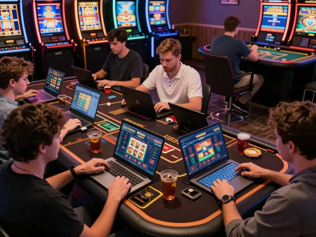 Players engaging with mk8 online casino gaming on laptops and tablets, showcasing dynamic gameplay.