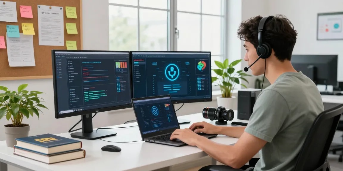 Cybersecurity expert analyzing best VPN für Datenschutz in a modern workspace with tech gadgets.