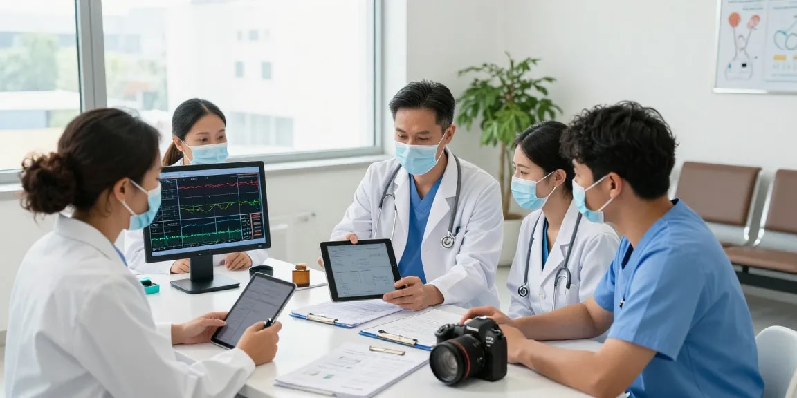 Gemeinschaftsärztliche Praxen mit medizinischem Team im Austausch über Datenschutz.