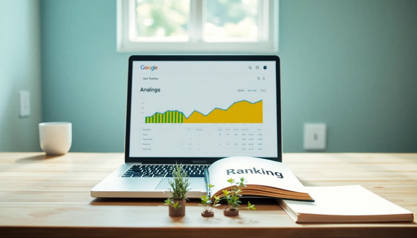Modernes Büro mit Laptop, der SEO-Ranking-Analysen anzeigt, zeigt Optimierungsmöglichkeiten.