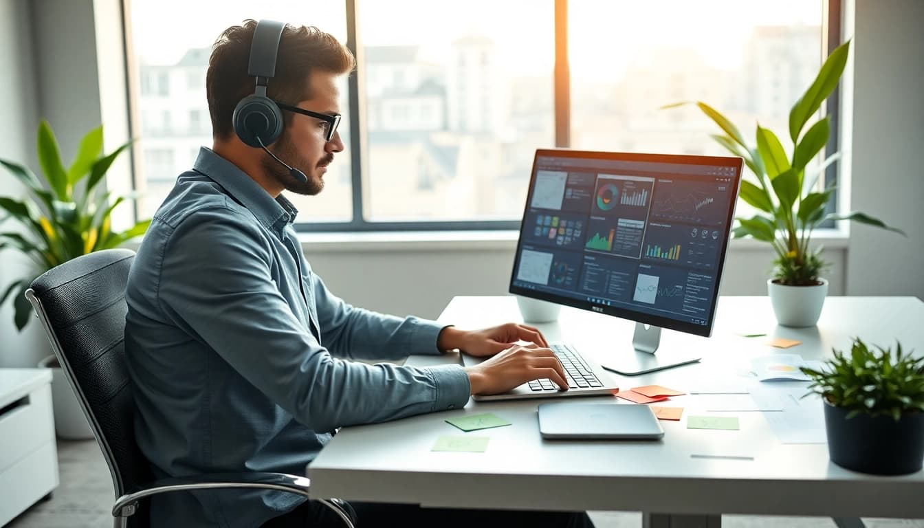Professionelle Software Hilfe mit einem Experten und modernem Arbeitsplatz.
