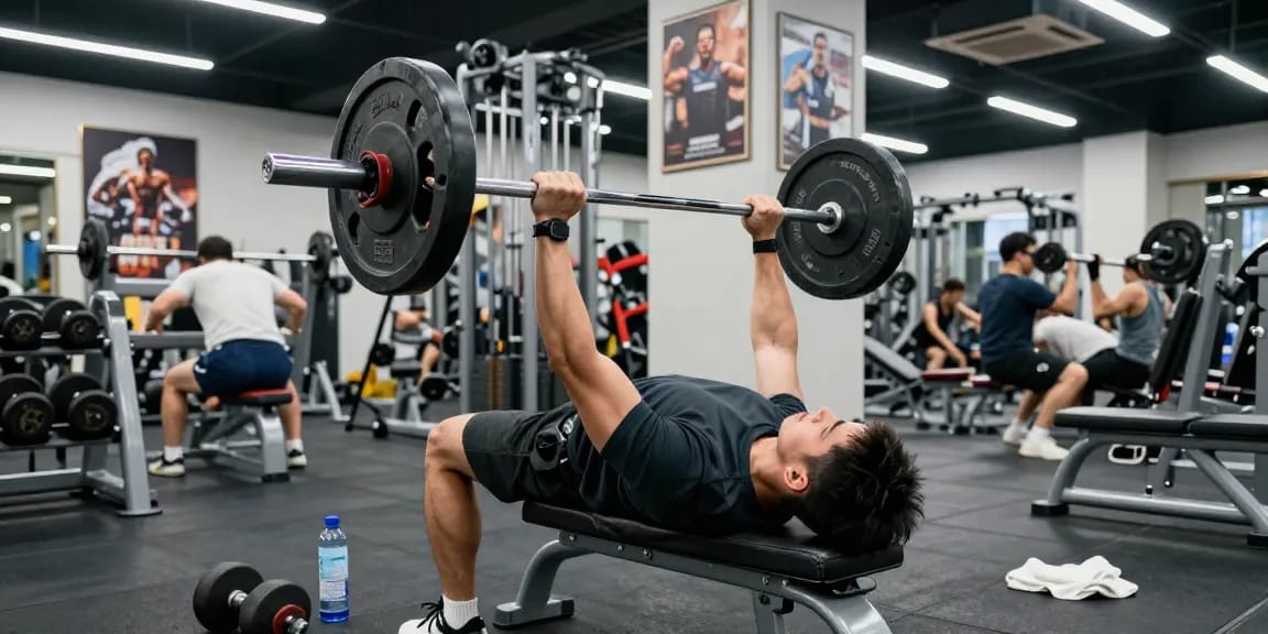 Sportlicher Bodybuilder hebt Gewichte in einer dynamischen Fitnessumgebung und repräsentiert Anabolika Shop Deutschland mit Entschlossenheit im Gesicht.