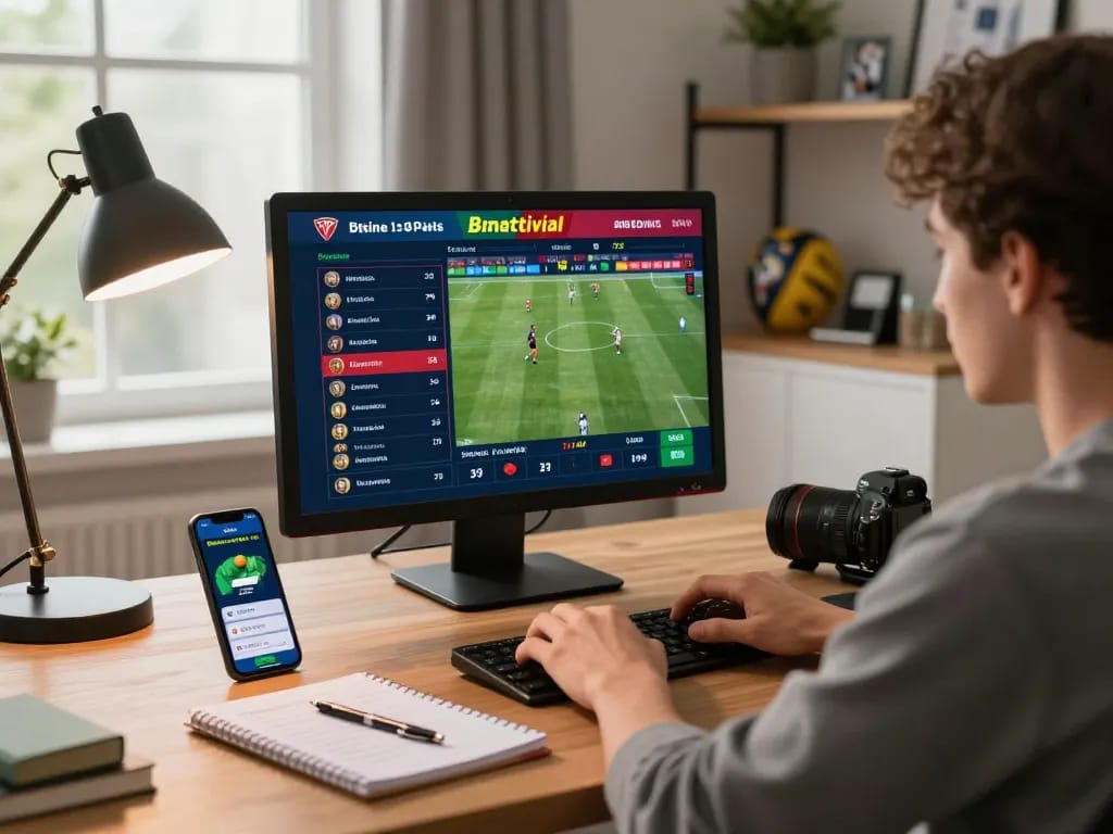 Engaged user analyzing live sports betting odds on fabet app, cozy home office atmosphere.