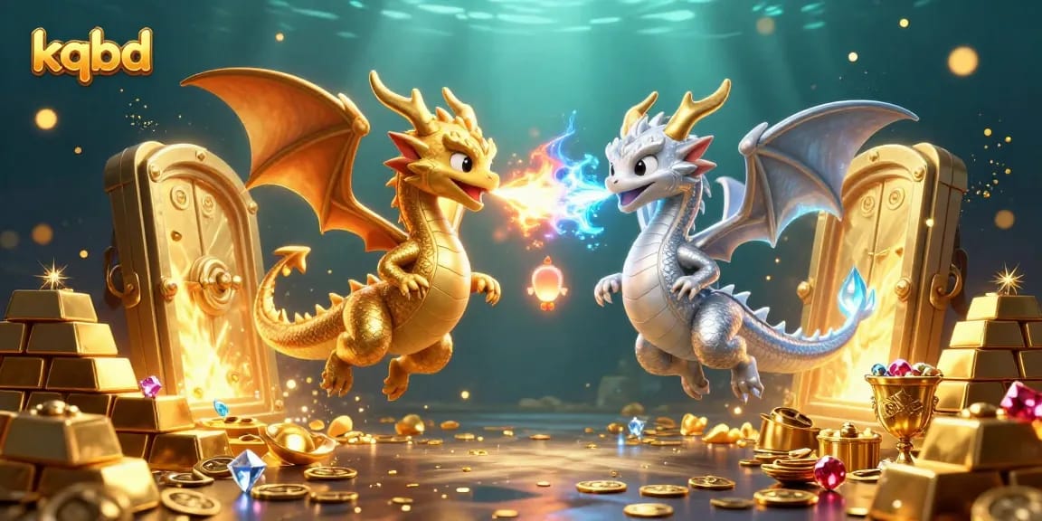 Engage with KQBD's thrilling dragon-themed casino experience, featuring gold and silver dragons amidst treasures.