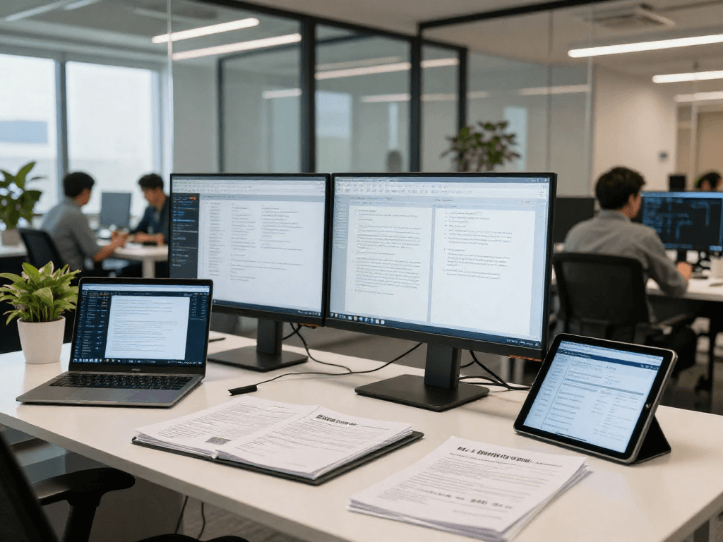 Advanced document fraud detection analysis in a modern office setting with data analyst reviewing fraudulent documents.