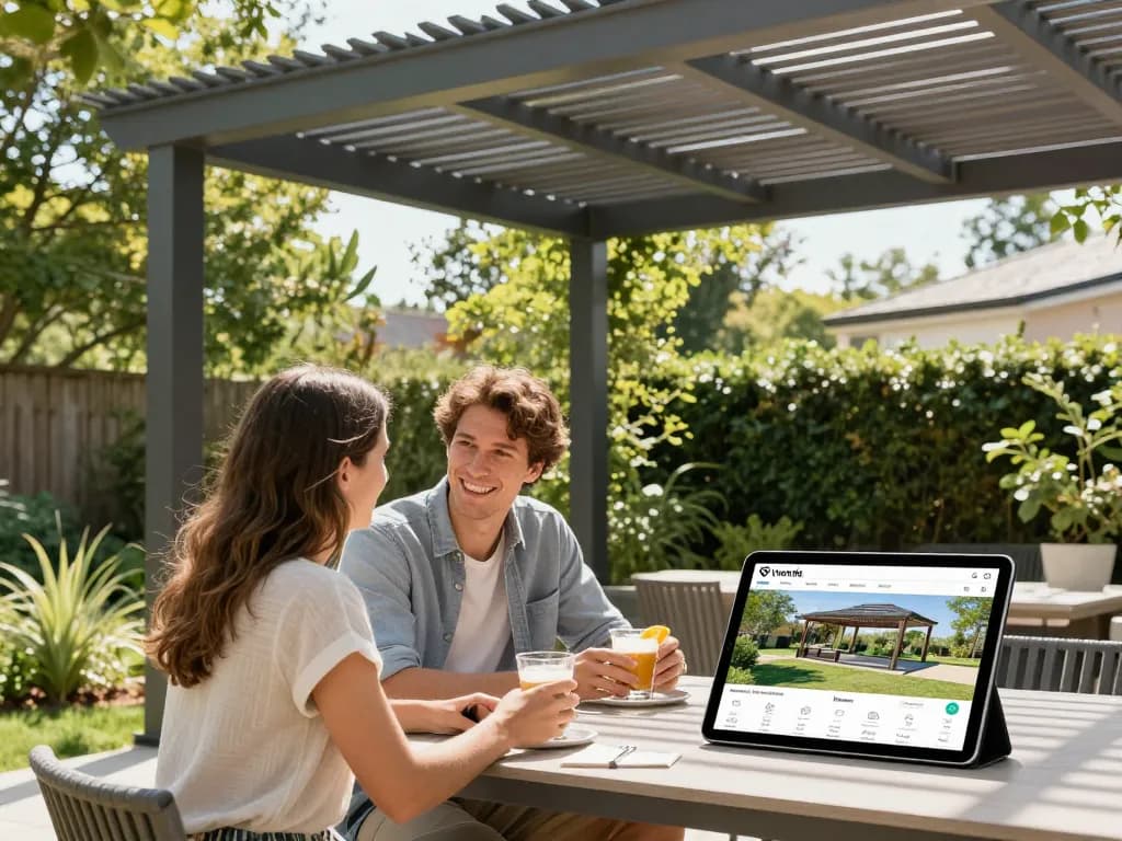 Junges Paar genießt das Leben im Freien unter einer maßgeschneiderten Pergola mit dem Veranda 3D Konfigurator für Designoptionen.