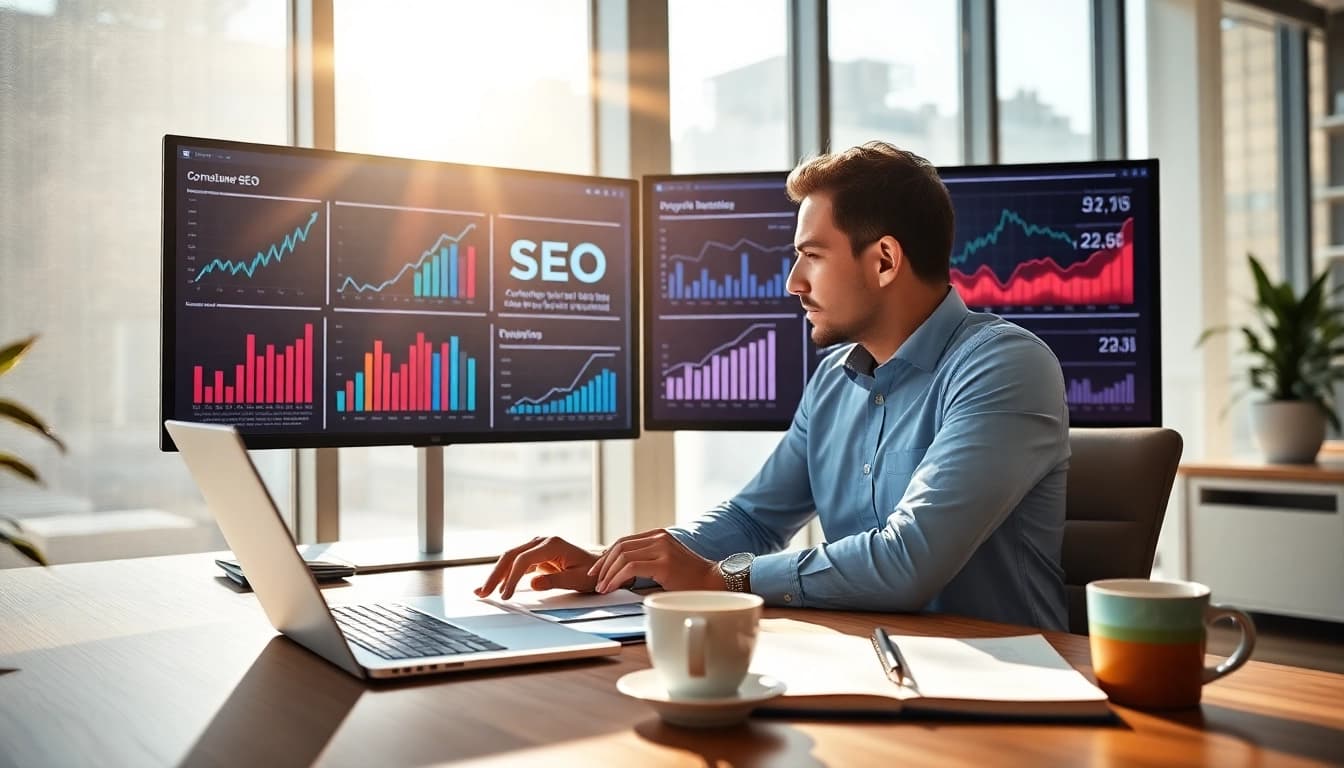 Präsentation effektiver SEO Tipps in einem modernen Büro mit Laptop und Diagrammen.