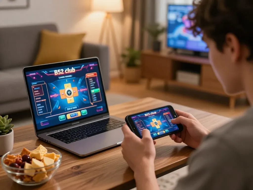 Người chơi câu lạc bộ B52 tham gia trò chơi với dealer trực tiếp trên smartphone trong không gian ấm cúng tại nhà