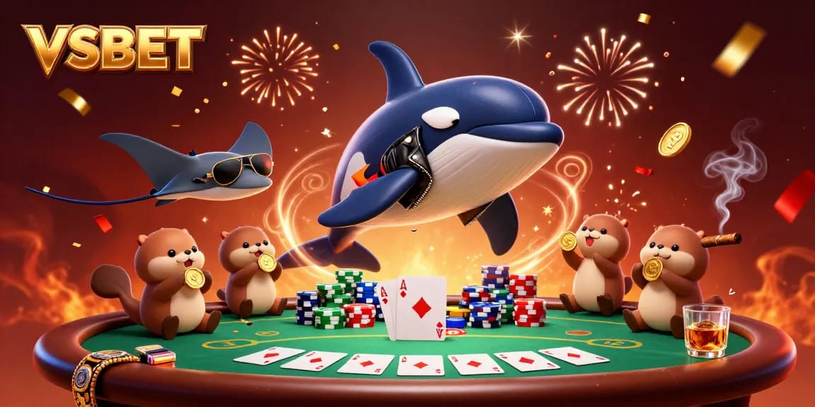 VSBET's dynamic poker scene with lively characters engaging in thrilling gameplay while celebrating with gold coins.