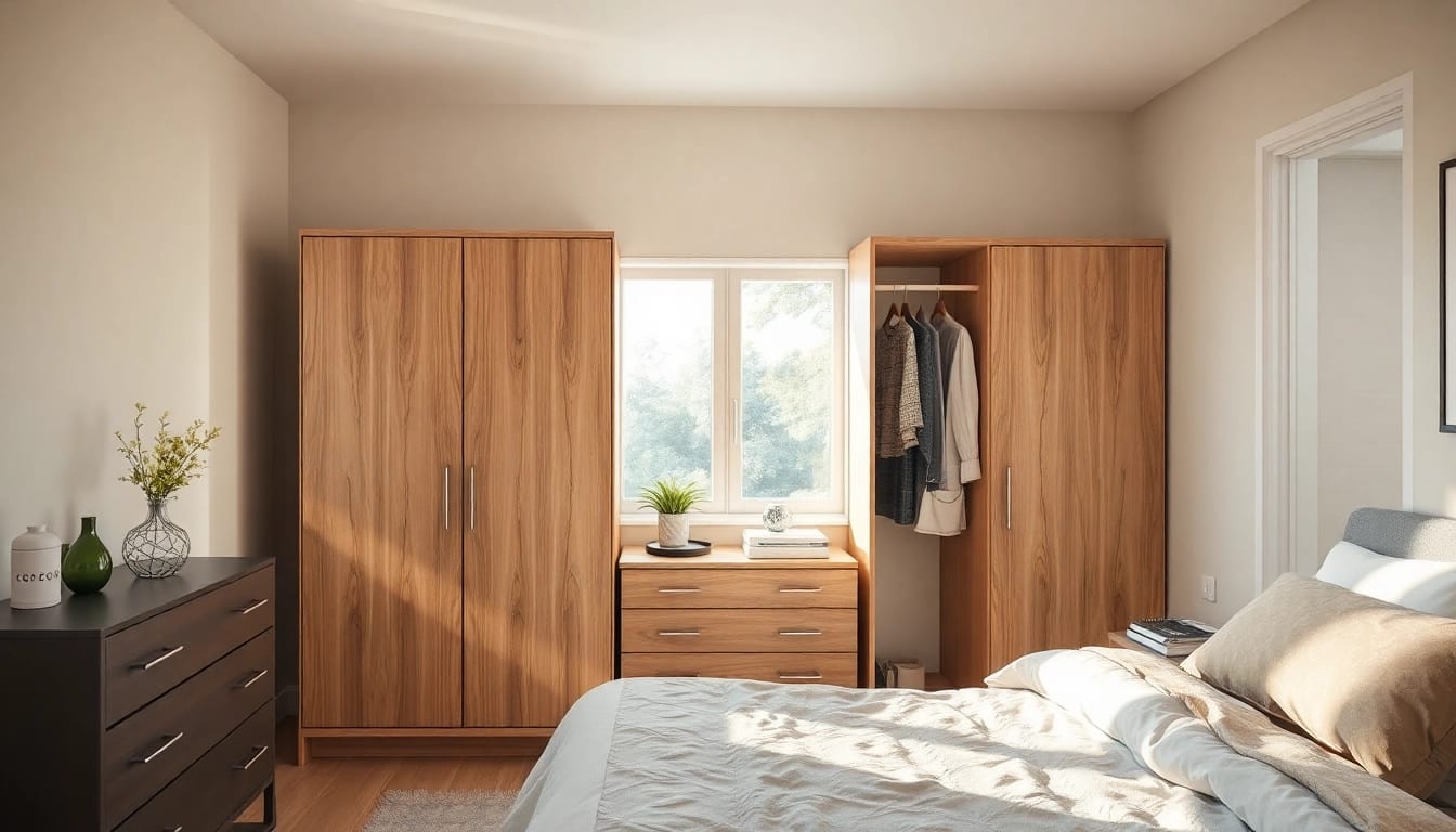 Kunststoff kleiderbügel auf einem Kleiderständer, präsentiert in einem stilvollen Schlafzimmer mit natürlichem Licht.