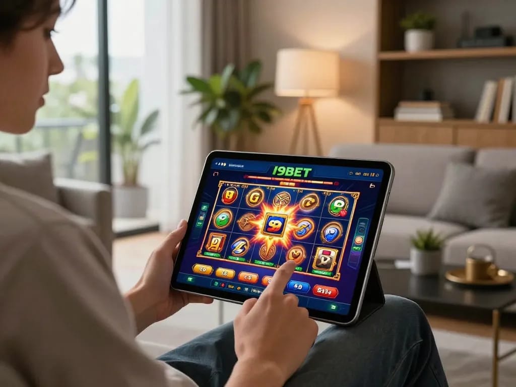 I9BET gaming on a tablet in a stylish living room with friendly ambiance, showcasing exciting gameplay.