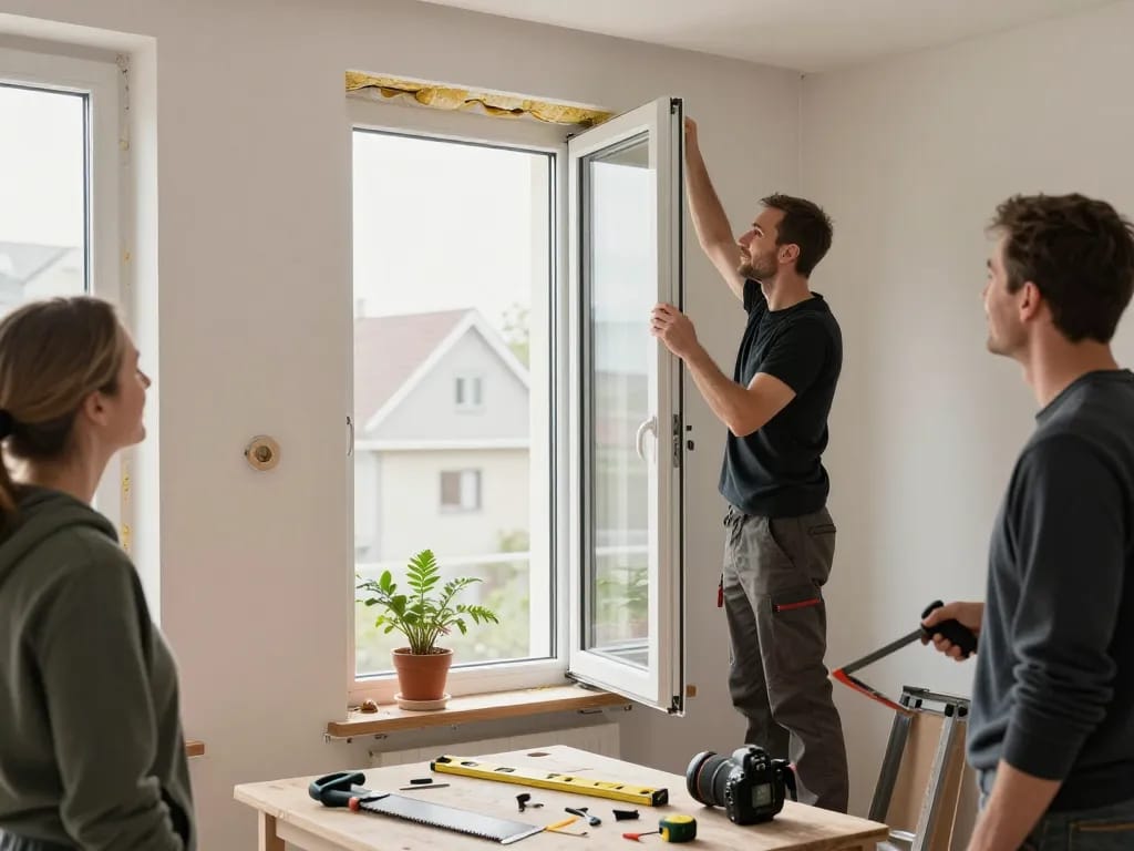 Professionelle Fensterinstallationsszene, die fensterbau düsseldorf mit Handwerkern, Werkzeugen und natürlichem Licht betont.