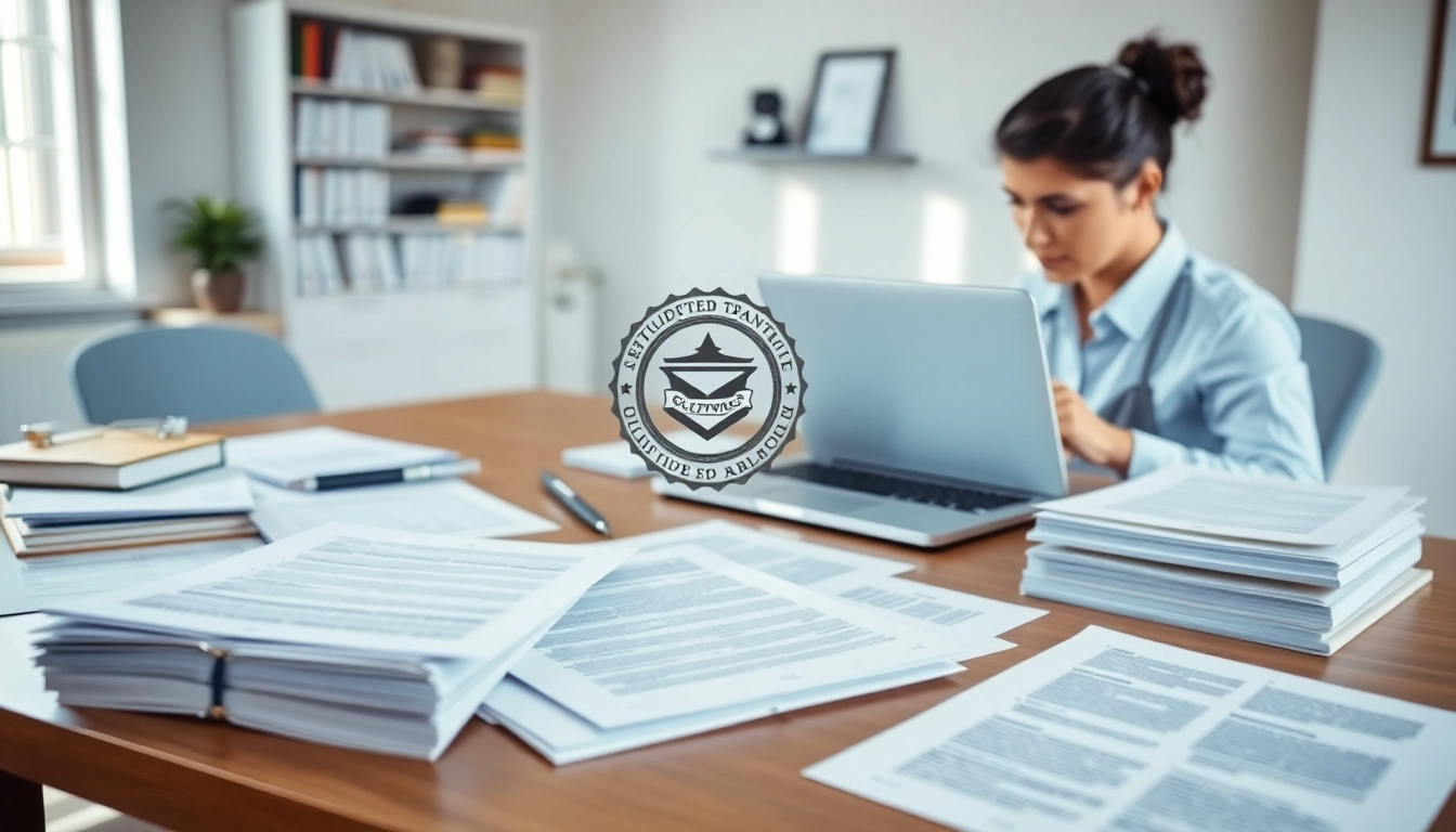 Prozess der beglaubigten Übersetzung, der eine beglaubigte Übersetzung in einem professionellen Büro zeigt.