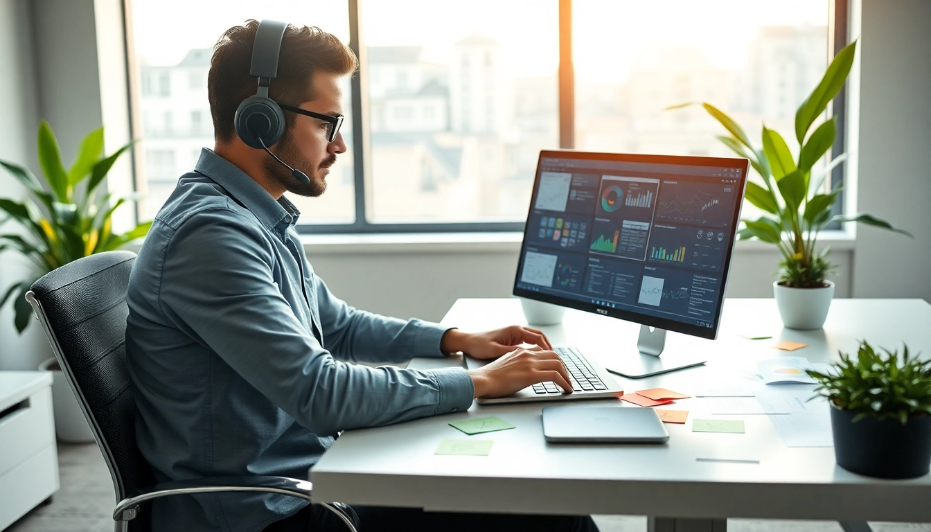 Professionelle Software Hilfe mit einem Experten und modernem Arbeitsplatz.