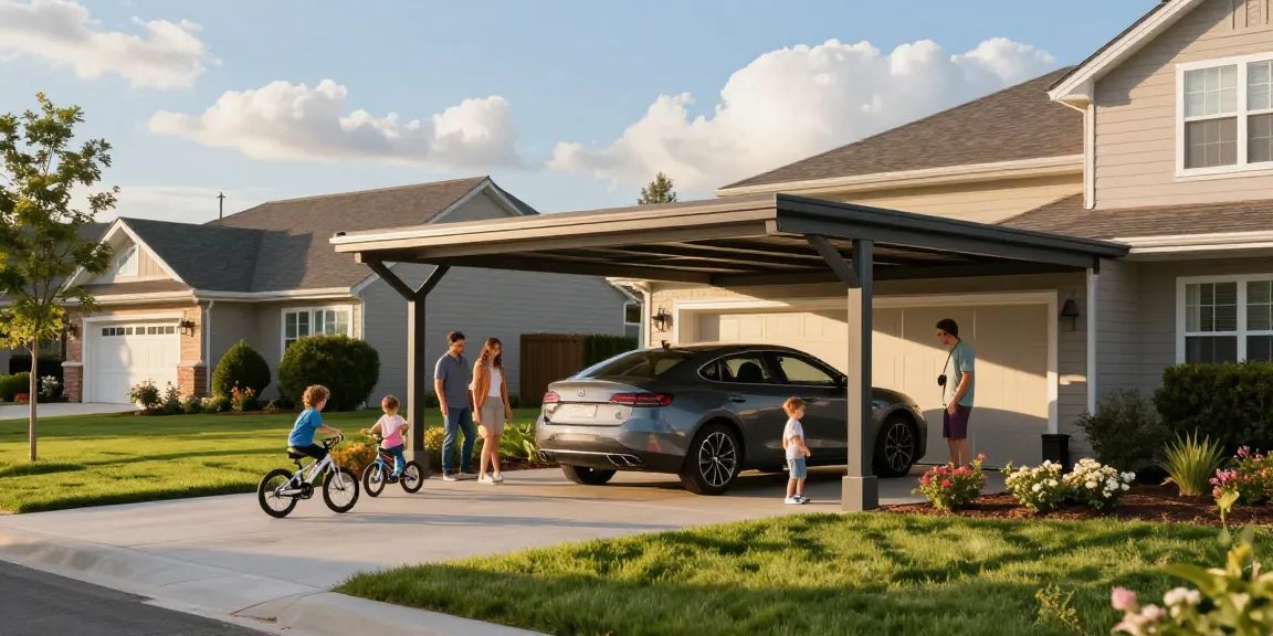 Moderne Carport-Installation in einer Vorstadt mit Familie und Spielzeug.