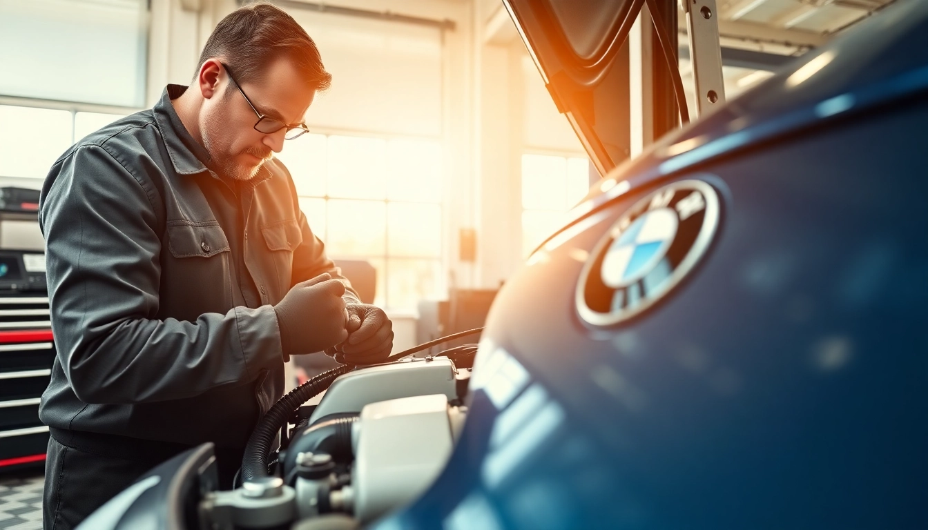 BMW Spezialist bei der präzisen Motoranpassung eines BMW in einer modernen Garage.
