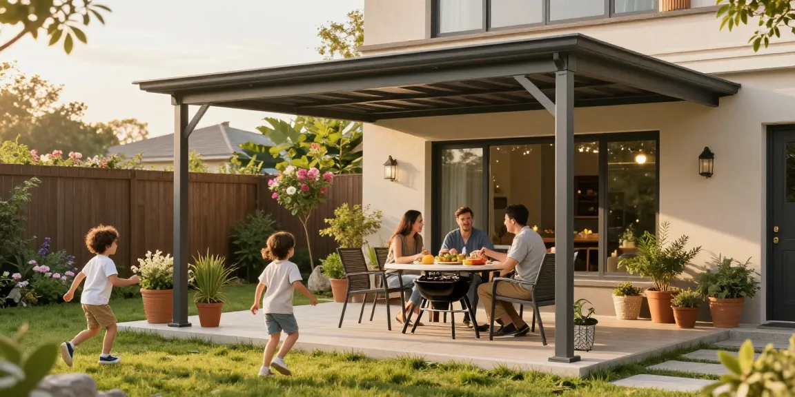 Stylische freistehende Terrassenüberdachung im Garten mit Familie, die einen sonnigen Nachmittag genießen.