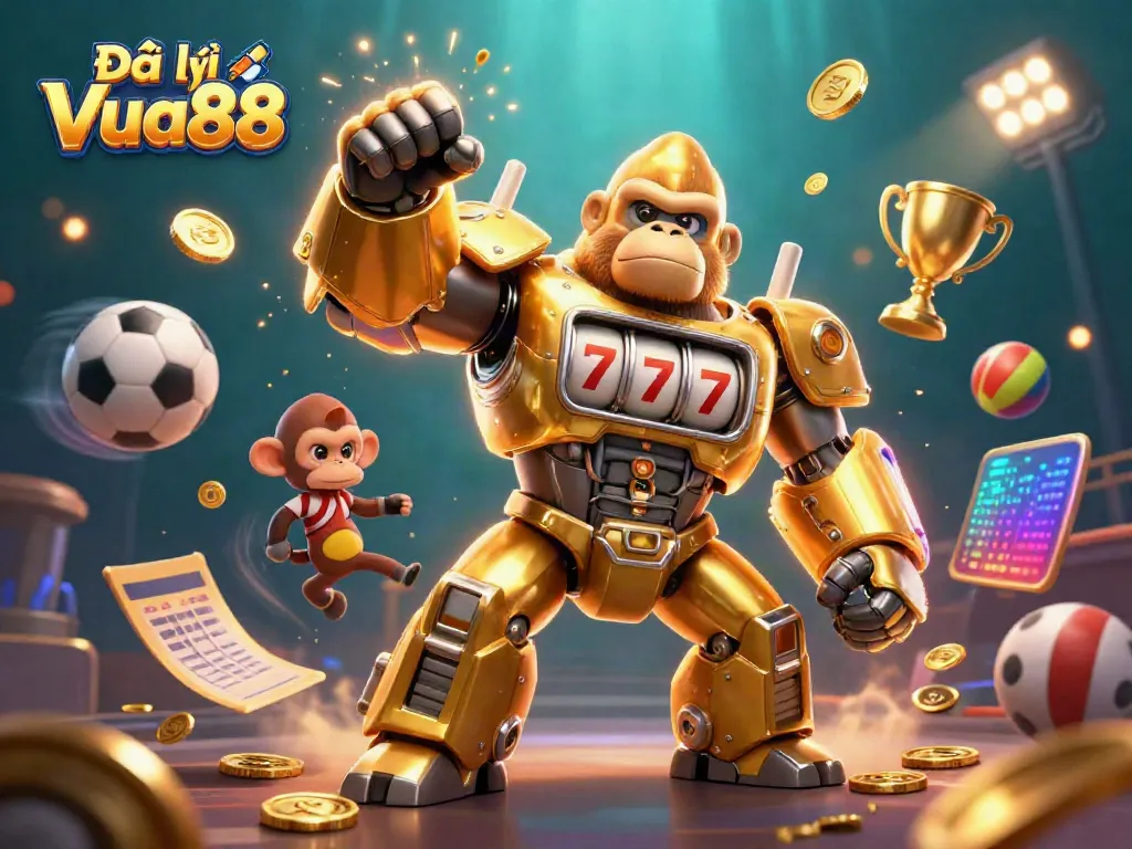 Engage with the vibrant action of Đại lý Vua88 featuring a dynamic golden gorilla mech among sports elements.