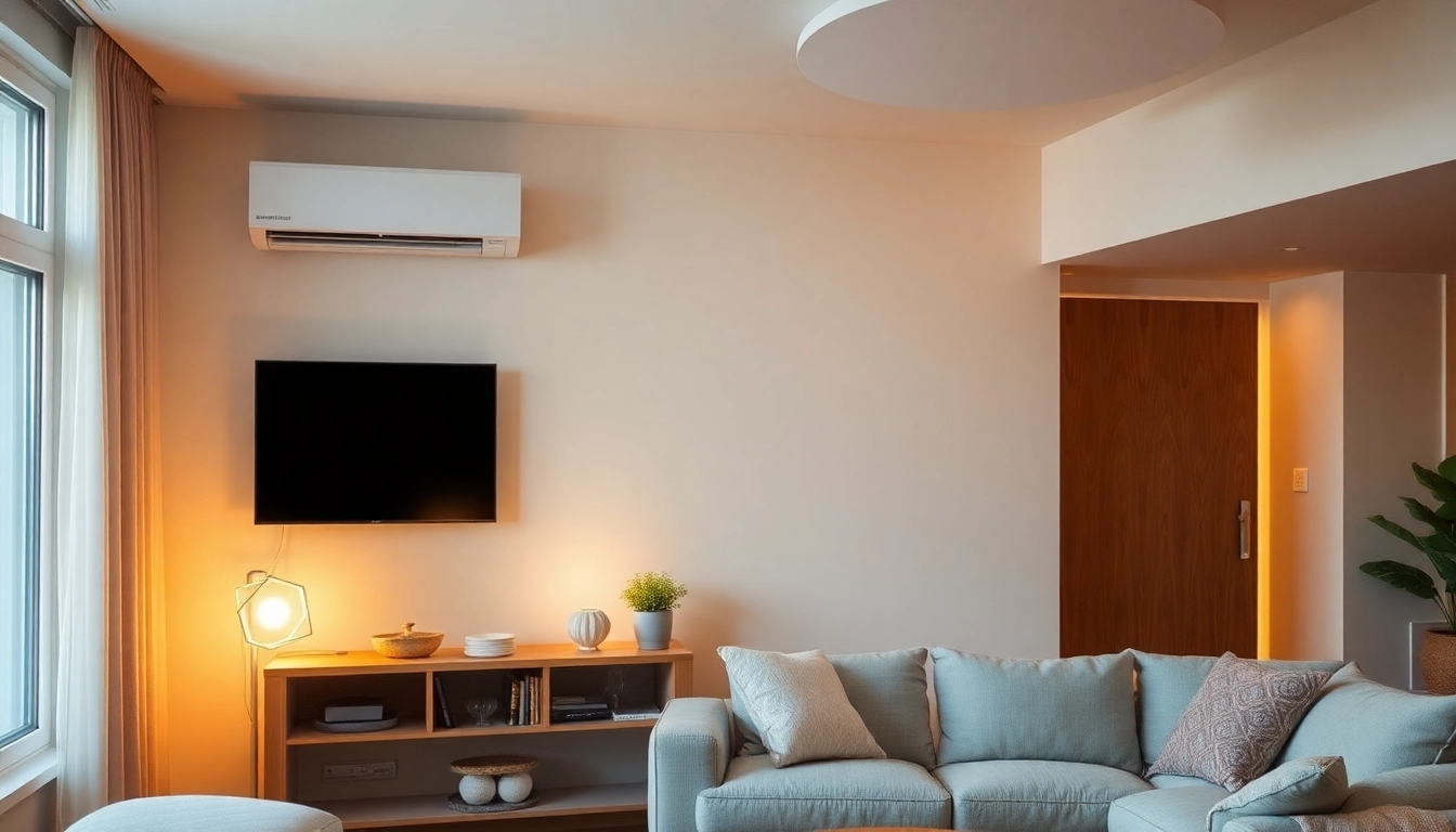 Klimaanlage installiert in einem eleganten Wohnzimmer mit gemütlicher Atmosphäre und sanfter Beleuchtung.