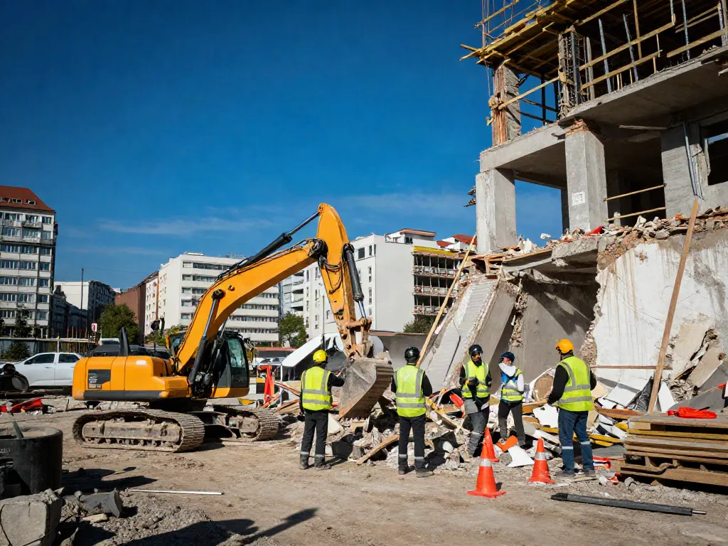 Professionelle Abbrucharbeiten in Wien mit schweren Maschinen auf Baustelle.