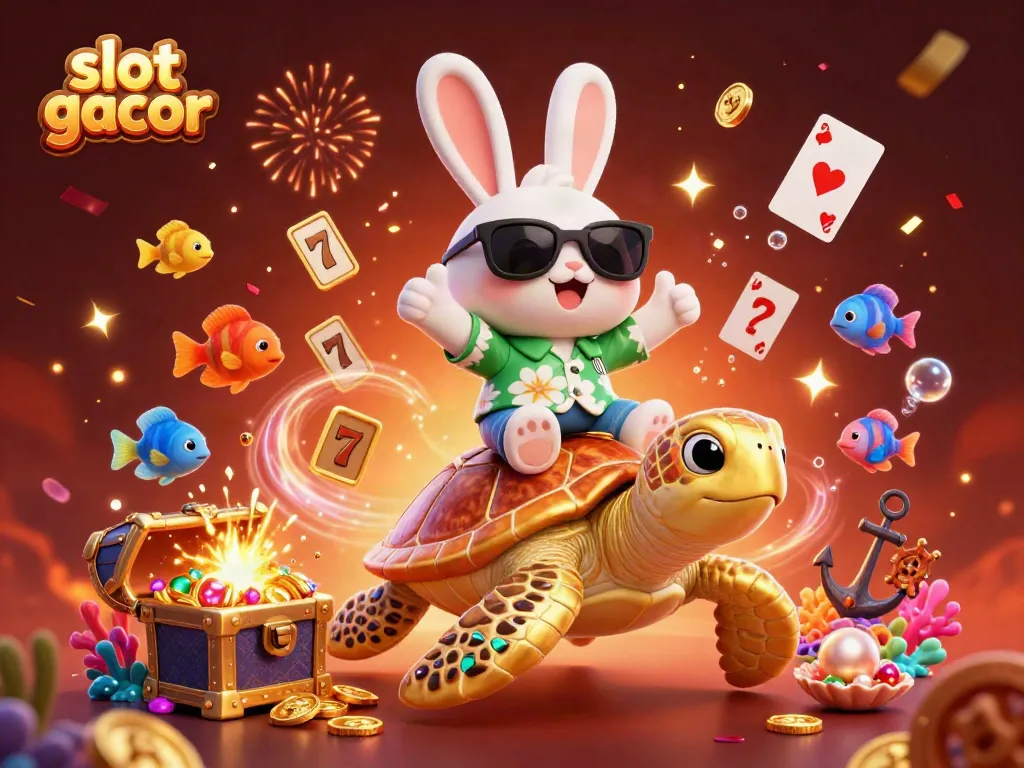 Engage in slot gacor fun with a lucky rabbit and a golden sea turtle in a vibrant casino ocean.