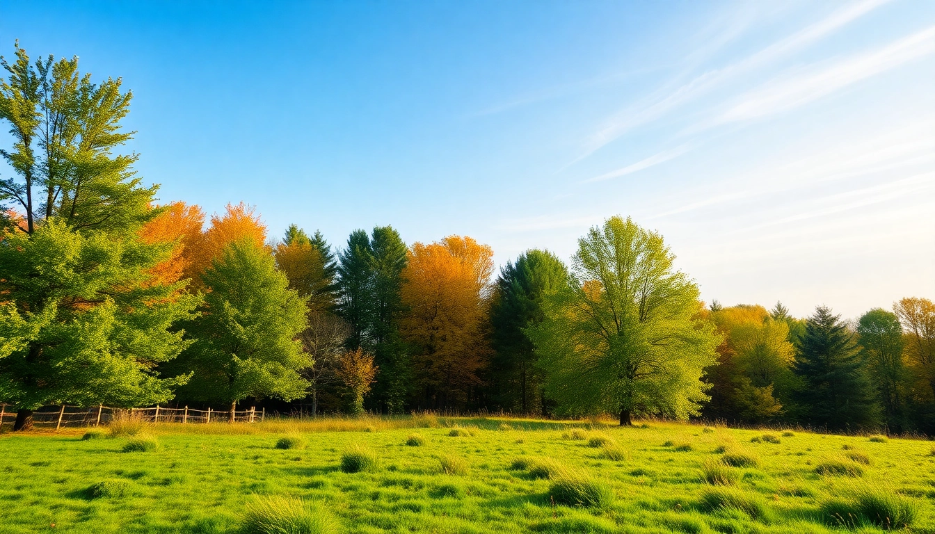 Visualisieren Sie den Einfluss des Klimas auf eine blühende Naturlandschaft mit Bäumen und klarem Himmel.