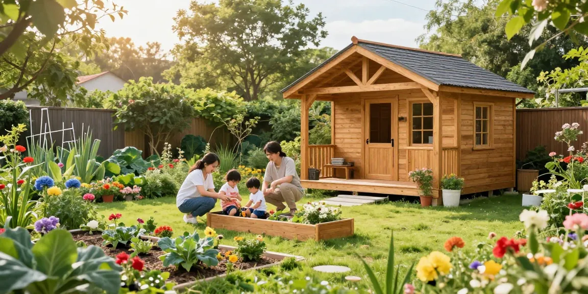 Familie genießt ihr neues Gartenhaus Holz in einem blühenden Garten.