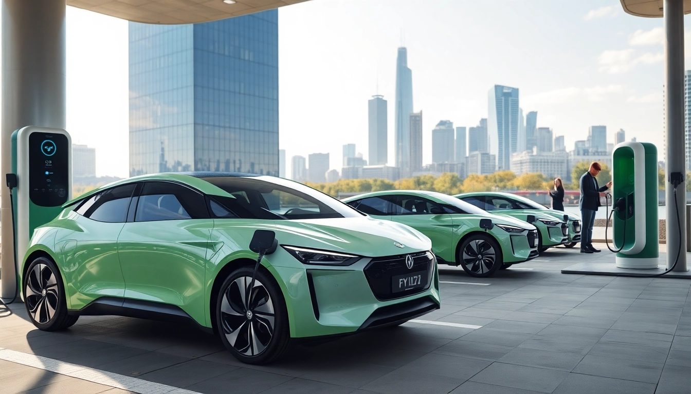 Elektroautos charging at a modern station surrounded by a vibrant cityscape.