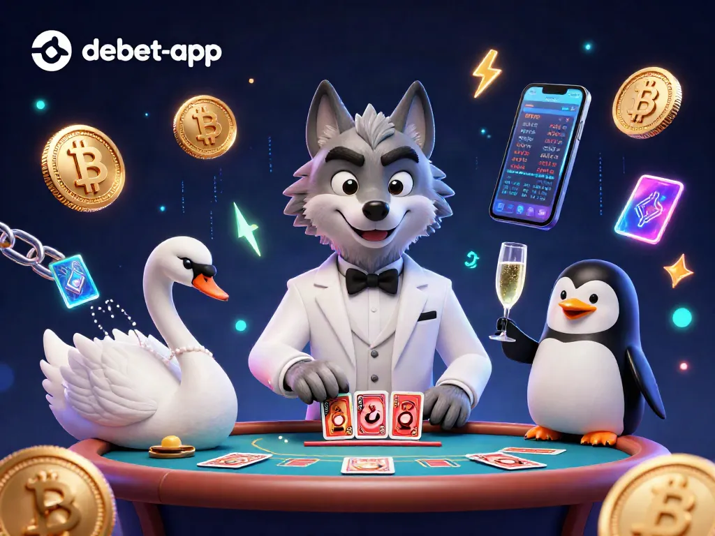 Join the gaming action on debet-app as a suave wolf plays baccarat with a swan dealer amidst crypto elements.