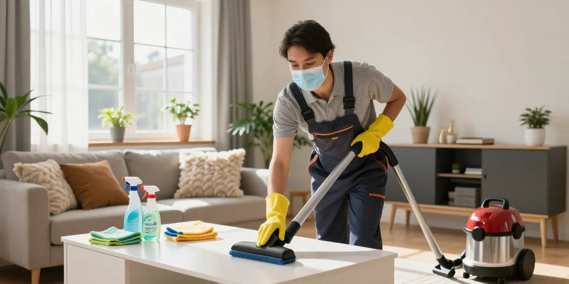 Professional cleaning service by putzfirma bern in a sunny living room, showcasing a clean and tidy space with eco-friendly supplies.