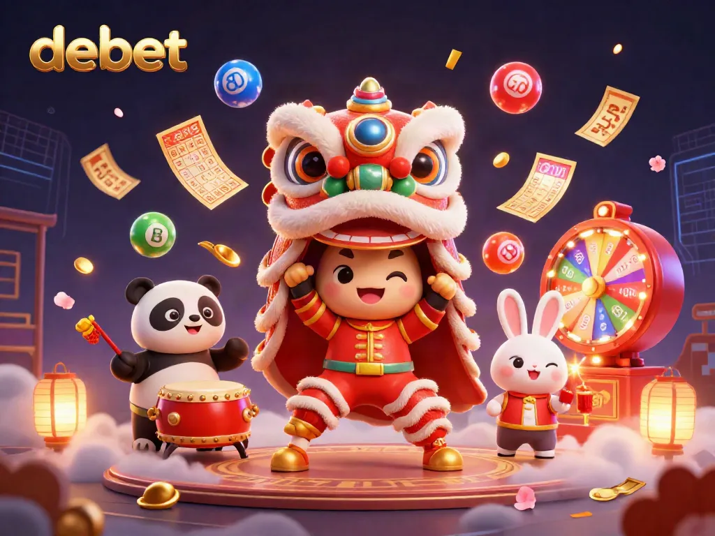 Engage with debet's vibrant gambling experience showcased in a lively 3D illustration featuring a lion dance.
