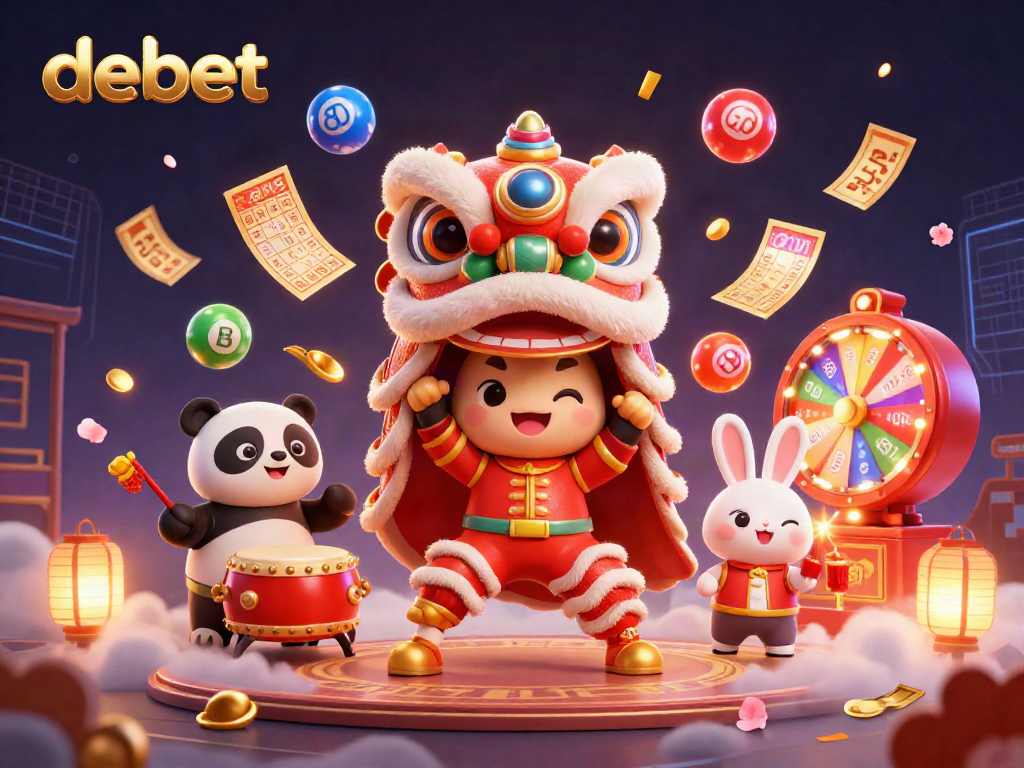 Engage with debet's vibrant gambling experience showcased in a lively 3D illustration featuring a lion dance.