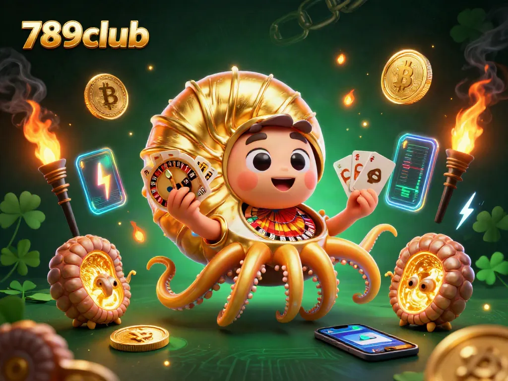 Engage in thrilling gameplay at 789club with a vibrant 3D casino scene featuring games and cryptocurrency elements.