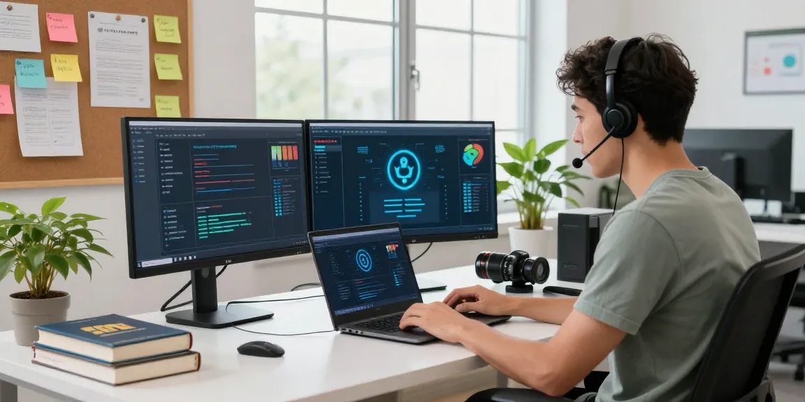 Cybersecurity expert analyzing best VPN für Datenschutz in a modern workspace with tech gadgets.