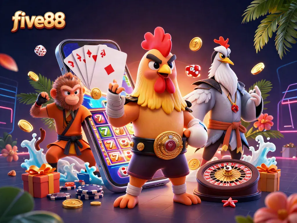 Experience the thrill of five88 with a vibrant illustration showcasing winning slot games, festive characters, and dynamic casino elements.