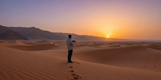 Erlebnisreise nach Oman: Reisender auf einer Sanddüne beim Sonnenuntergang, umgeben von majestätischen Bergen.