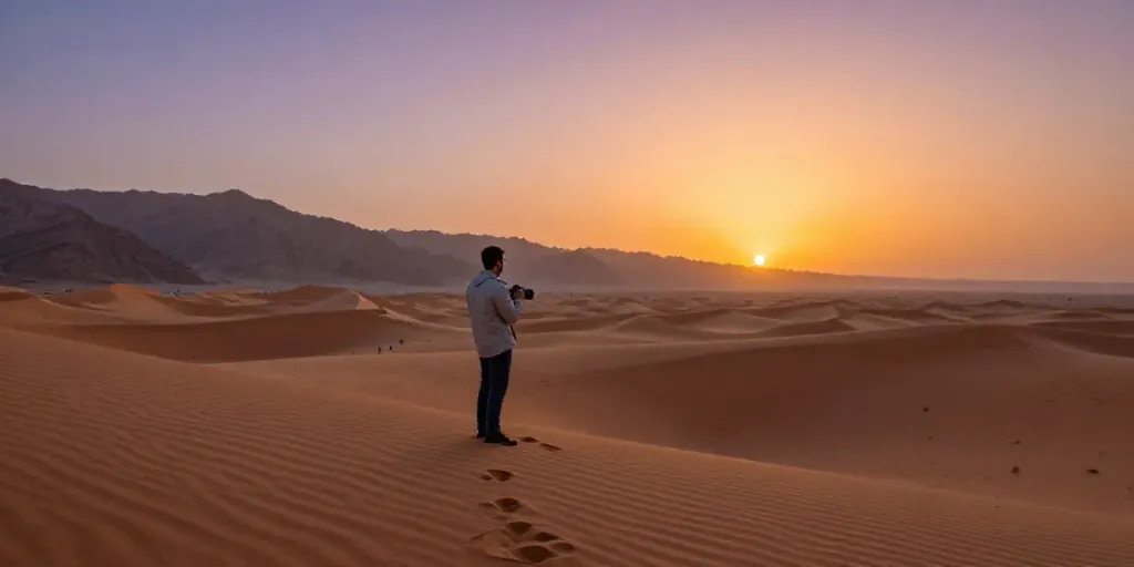 Erlebnisreise nach Oman: Reisender auf einer Sanddüne beim Sonnenuntergang, umgeben von majestätischen Bergen.