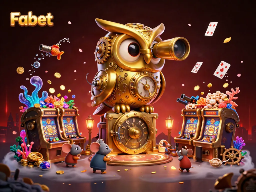 Fabet's exciting casino scene features a captivating golden owl surveying slot machines and lively patrons amidst treasure.