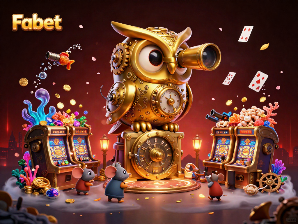 Fabet's exciting casino scene features a captivating golden owl surveying slot machines and lively patrons amidst treasure.