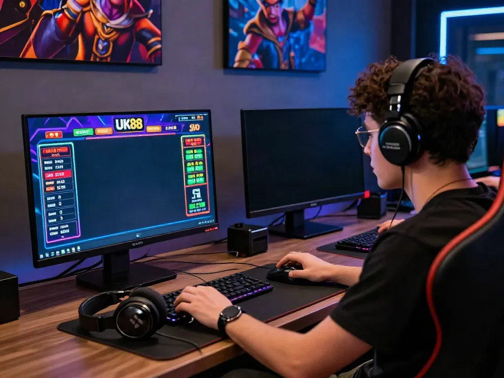 Engaging user experience with UK88's online betting platform, showcasing modern gaming setup.
