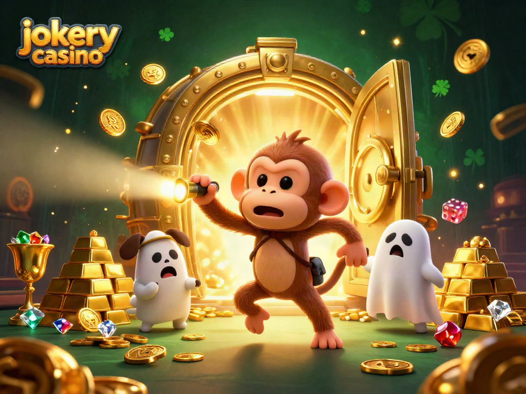 Experience the excitement at jokery casino with a poltergeist monkey and ghost-hunter puppy in a thrilling scene.