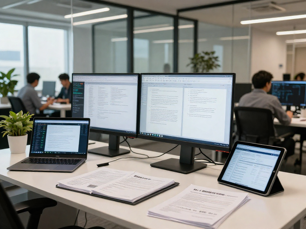 Advanced document fraud detection analysis in a modern office setting with data analyst reviewing fraudulent documents.