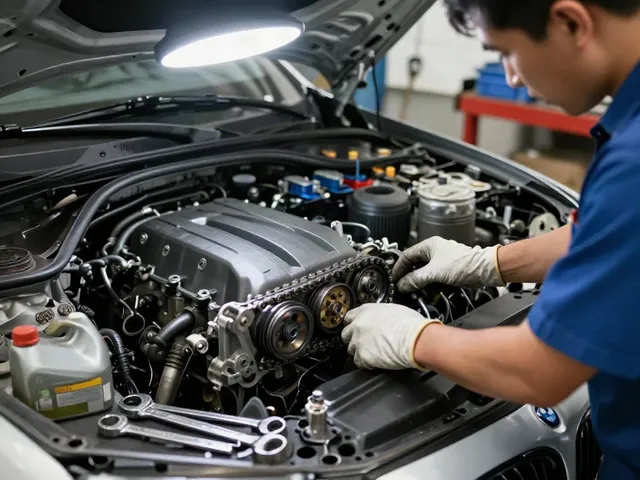 Mechaniker beim BMW Steuerkette wechseln in professioneller Werkstatt.