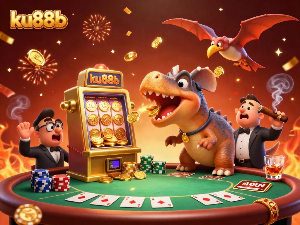 ku88b triggers a winning jackpot while a casino manager panics and a pteranodon catches coins