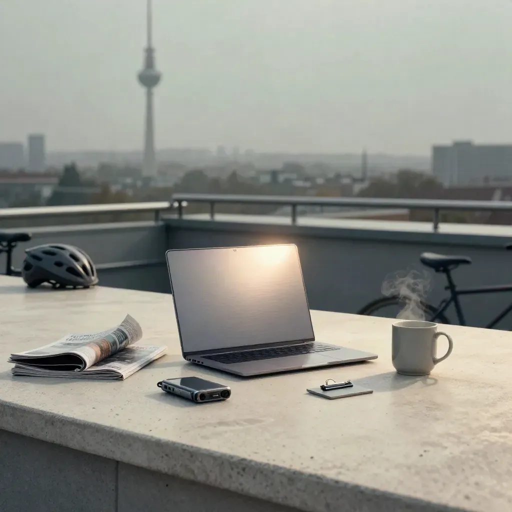 Rooftop-Stillleben mit Laptop, Magazin, Rekorder, Tasse und Fahrradhelm vor dem Fernsehturm im Morgenlicht.